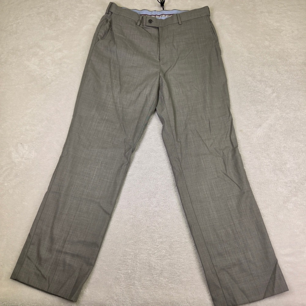 Mens Grey Sharkskin Dress Pants Straight Leg Flat Front Trousers 34x32